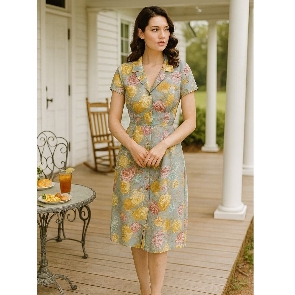 Vintage Gerard Darel linen floral knee length dress short sleeve collar 38 US 8